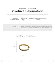 Size chart showing emerald rhinestone bangle dimensions 6x6cm and copper zircon material