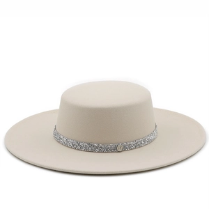 Elegant Polyester Flat Top Fedora Hat For Women Men With Artificial Pearl Rhinestone Band Wide Brim Jazz Boater Hat