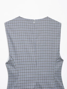 Detail of blue-gray plaid sleeveless jumpsuit with back invisible zipper closure