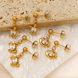 Gold titanium steel crab and sea turtle earrings set with sparkling zircon stones