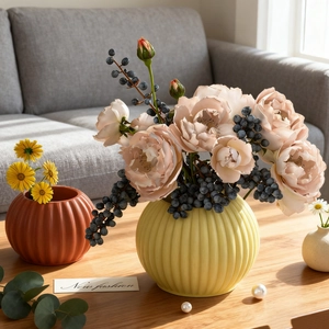 Modern ribbed pumpkin ceramic vases in yellow and orange on a wooden coffee table