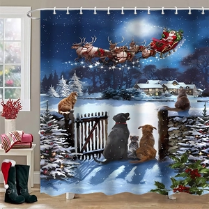 Detail of Christmas shower curtain featuring Santa and reindeer in a cozy bathroom setting