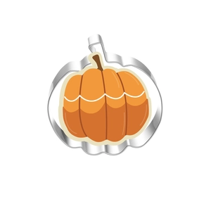 Macro shot of pumpkin shaped stainless steel cookie cutter with decorated pumpkin biscuit