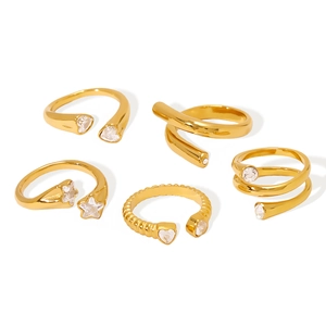 Golden linear irregular open ring set with sparkling zircon in a stylish 5-piece stack