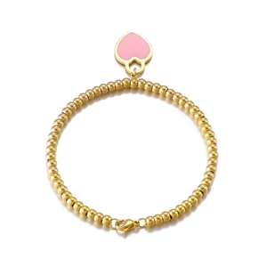 Handmade beaded 18k gold plated titanium steel bracelet with pink heart pendant