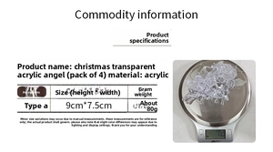 Size chart showing 9x7.5cm transparent acrylic Christmas angel ornaments with weight details