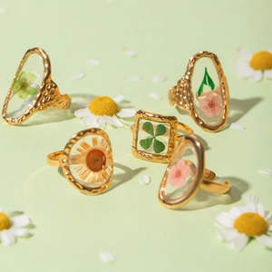 Handmade gold sunflower resin rings with real dried flowers in five unique styles
