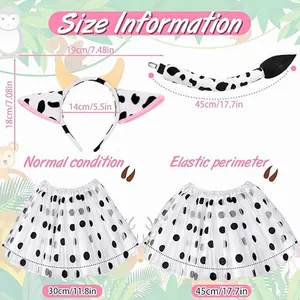 Detailed size chart for Halloween cow costume featuring headband tail and tutu skirt dimensions