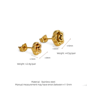 Detailed view of 3D rose flower earrings in gold stainless steel with size dimensions