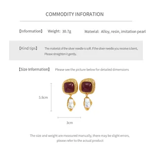 Size chart showing vintage resin pearl earring dimensions 5.8cm by 3cm and specifications
