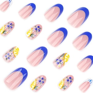 French blue press-on nails set with lemon and blueberry floral hand-painted designs
