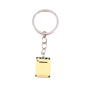 Fashionable minimalist silver metal keychain with a yellow sewing machine laundry pendant