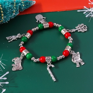 Christmas charm bracelet with red and green beads, Santa and reindeer silver pendants
