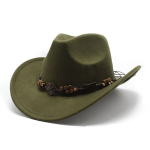 Classic olive green wide brim western cowboy wool felt hat with ethnic beaded band