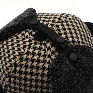 Winter houndstooth baseball cap with ear flaps and thick faux lamb wool lining