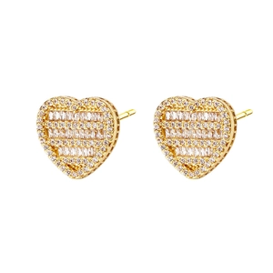 Sparkly gold heart stud earrings set with micro-pave crystals on white background