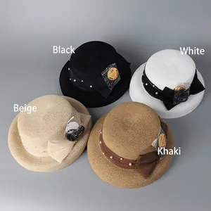 UPF 50+ woven straw hats with elegant bows and pearls in black, white, beige, and khaki