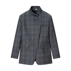 Blazer A Quadri Donna Collo Alto Asimmetrico Monopetto Grigio Acrilico Manica Lunga Giacca Casual Ufficio