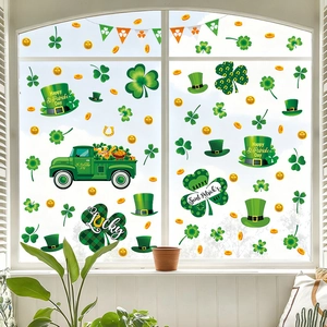 St Patricks Day Wall Stickers Shamrock Green Truck Gold Coins Festive Window Decals PVC Home Decor