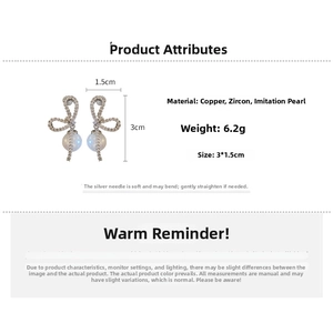 Bowknot pearl drop earrings made of copper and zircon measuring 3cm by 1.5cm