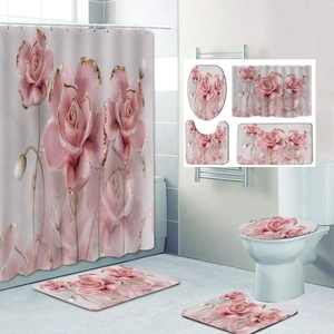 Detail view of 4-piece bathroom set with pink rose and gold outline floral shower curtain