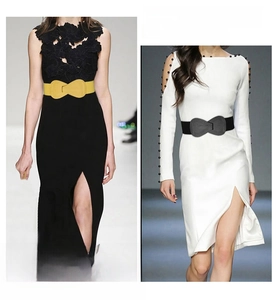 Bow-knot wide elastic waist belt for women shown in yellow and black leather finish