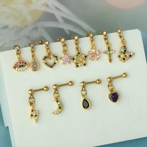 Detailed set of 12 gold-plated stainless steel stud earrings with zircon charms and evil eye
