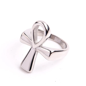 Polished silver stainless steel Ankh cross ring with a flat mirror finish surface