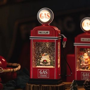 Christmas Gas Station Snow Globe Music Box LED Light Automatic Glitter Water Lantern Retro Desktop Holiday Gift Decor
