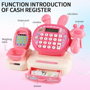 Detail view of pink bunny cash register toy with calculator and functional scanner