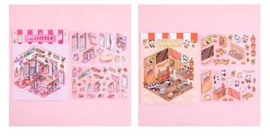 Detail of 3D miniature PET stickers showing clothing store and panda restaurant scenes