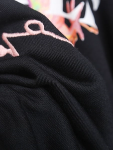 Primer plano del tejido de punto negro con bordado rosa y detalle de estampado color