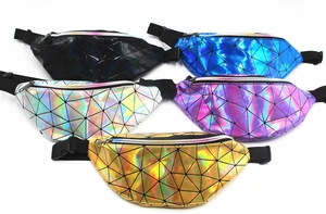 Detail of colorful geometric iridescent waist bags showing laser reflective pattern texture