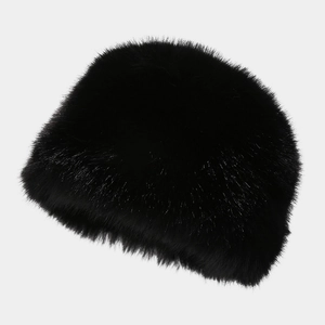 Close-up of black faux fur material on this winter warm bucket hat for women