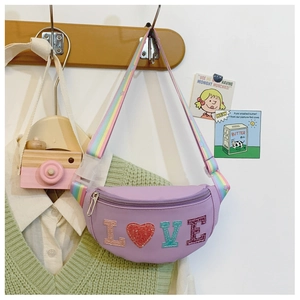 Detailed view of purple sequin LOVE chest bag for kids with rainbow adjustable strap