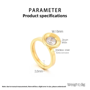 Vue technique d'une bague dorée en acier inoxydable avec zircon 15mm et largeur 3,5mm