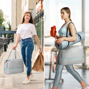 Gray fitness bag with yoga mat strap and shoe compartment for gym and travel