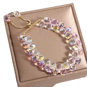 Iridescent faceted crystal beaded bracelet with adjustable gold slider chain for women