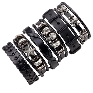 Men Bracelet Braided Leather Alloy Skull Star Charm Punk Vintage Multilayer Adjustable Hand Jewelry