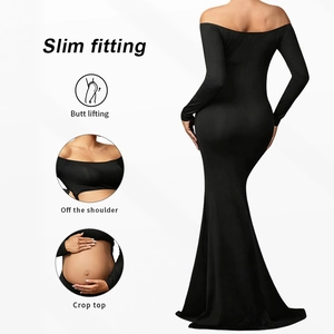 Slim fit two-piece maternity set with off-the-shoulder crop top and long maxi skirt