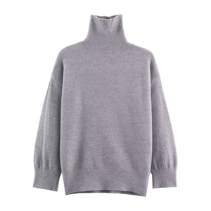 Solid greyish-purple turtleneck knit sweater with loose fit and ribbed cuff details
