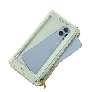 Mint green touch screen cell phone purse crossbody bag with PU leather texture and gold zipper