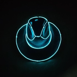 Macro shot of black LED cowboy hat with vibrant blue neon glowing edges for party