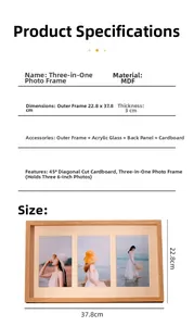 Detailed size chart for a triple-frame wood photo display showing dimensions 22.8x37.8x3cm