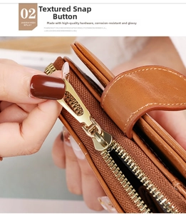 Detailed close-up of premium caramel brown leather texture and durable gold metal zipper