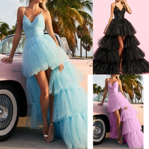 Sexy V-neck hi-lo sequin tulle bridesmaid dress with spaghetti straps and layered train