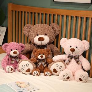 Teddy bear plush toys in four sizes and colors with plaid bows and paw embroidery