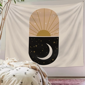 Minimalist sun and moon tapestry wall hanging for bedroom decor with geometric star patterns