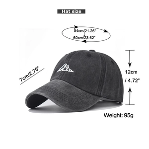 Detailed size chart for washed cotton baseball cap with mountain embroidery and 7cm brim