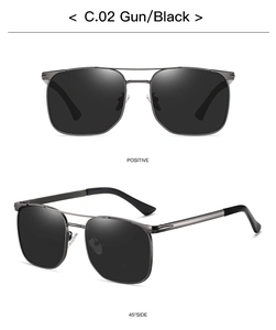 Macro view of gunmetal grey metal frame and polarized black lenses on square sunglasses